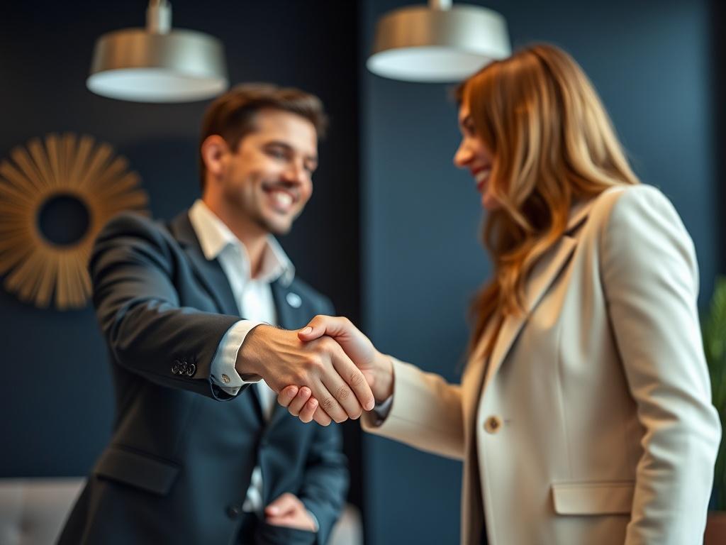 A close-up shot of two professionals shaking hands in a well-lit office environment. The background features deep navy blue and muted gold accents to convey professionalism and trust.