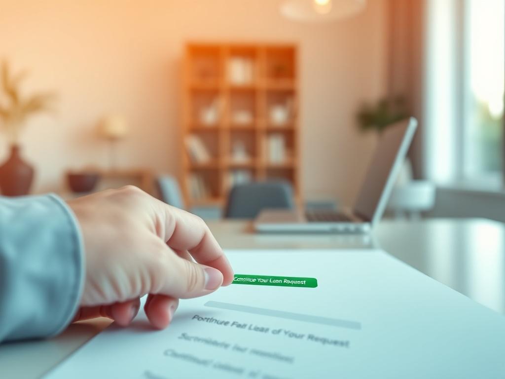 An image of a person confidently clicking the 'Continue Your Loan Request' button on a clean and organized online form. The environment is bright and professional, showcasing an inviting workspace that promotes clarity and focus.