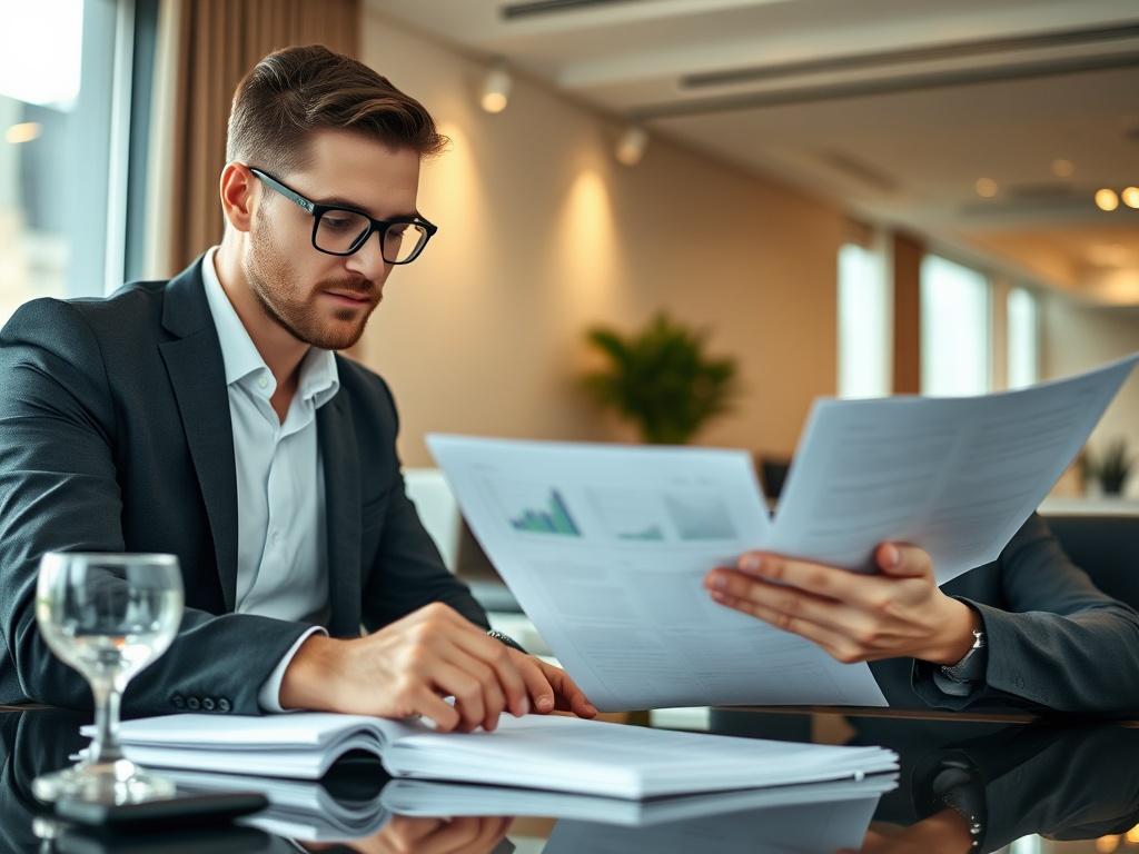A close-up shot of a professional discussion taking place between two individuals, one on a laptop and another reviewing investment documents. The setting is an elegant, modern office, symbolizing collaboration and trust in the financing process.