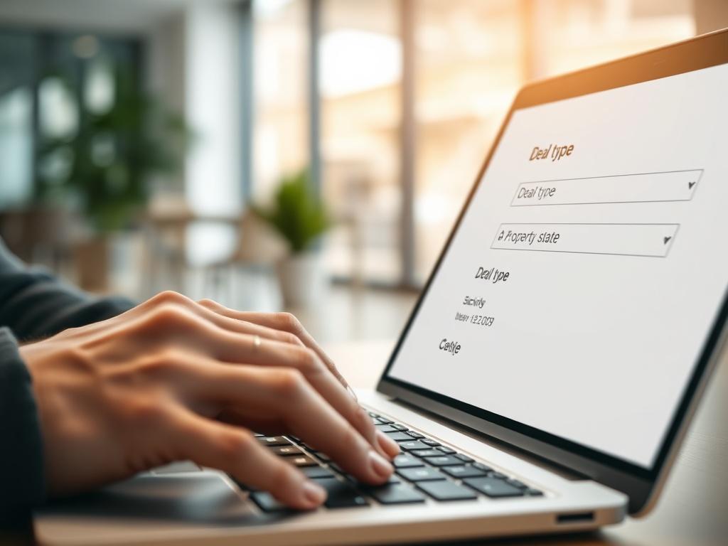 A close-up image of a person typing on a laptop, focusing on the deal type and property state fields in an online form. The background features a softly lit, modern office environment, emphasizing professionalism and a calm atmosphere.
