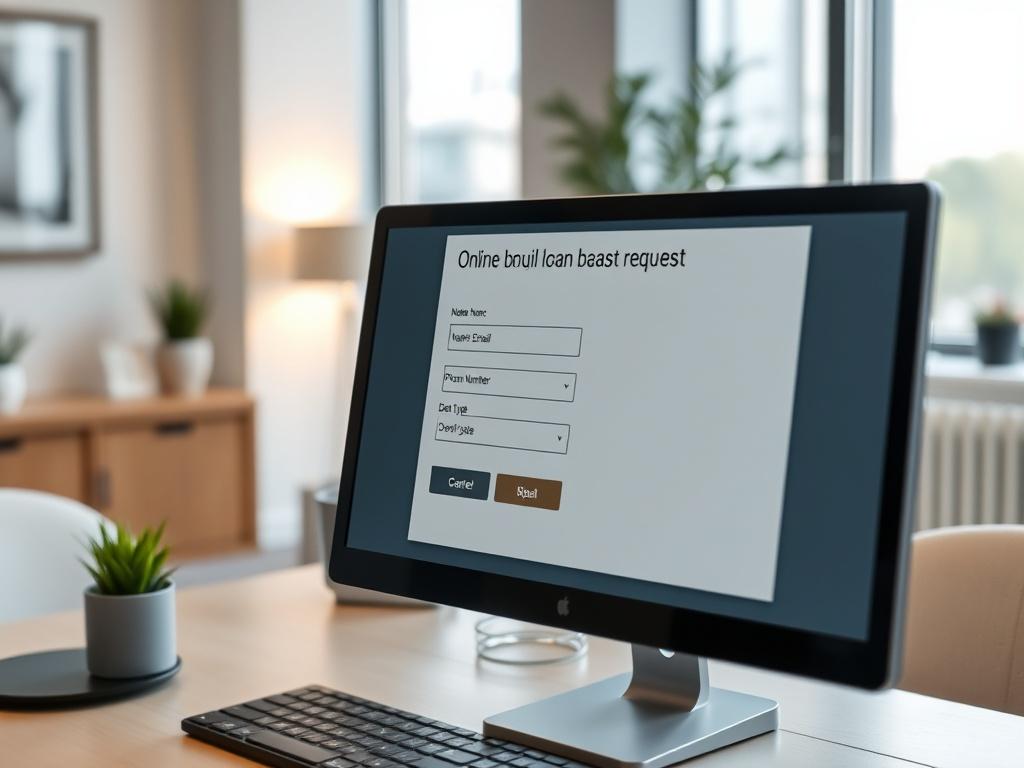 A close-up shot of a user-friendly online loan request form displayed on a computer screen, with a focus on the input fields for Name, Email, Phone Number, Deal Type, and Property State. The background should be a soft, blurred office setting with professional decor, conveying a sense of trust and reliability.