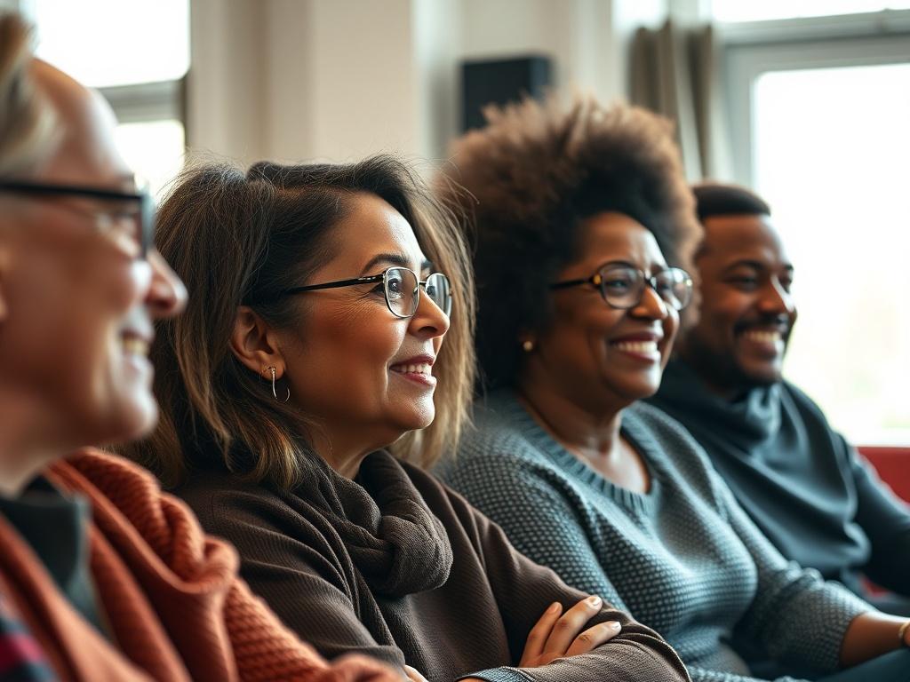 A close-up shot of a diverse group of individuals engaged in a lively discussion, showcasing a mix of ages and backgrounds. The setting is a community meeting room, filled with natural light. Their expressions convey passion and determination as they share their thoughts. The focus should be on their animated expressions, capturing the essence of empowerment and collaboration, with a soft background that highlights the warmth of the gathering.