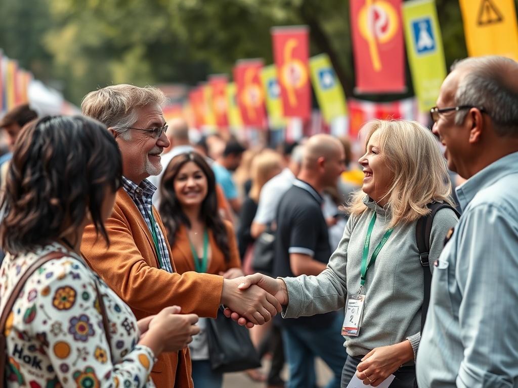 A vibrant scene showing representatives from different organizations shaking hands and exchanging ideas. The setting is an outdoor community event, filled with colorful banners and booths. Participants are smiling and engaged in discussions, demonstrating the spirit of partnership and cooperation. The focus should be on the expressions of collaboration and enthusiasm, highlighting the diversity of the groups involved.