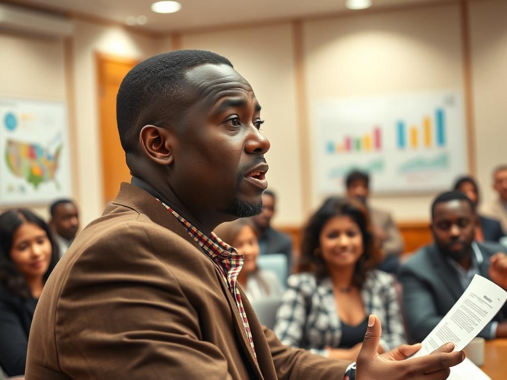 A dynamic image of a community leader presenting a policy proposal at a city council meeting. The leader is confidently addressing a diverse audience, with visual aids like charts and graphs in the background. The atmosphere is engaged and attentive, highlighting the importance of civic participation. The focus should be on the leader's expression of determination and the engaged reactions of the audience, set in a formal meeting room environment.