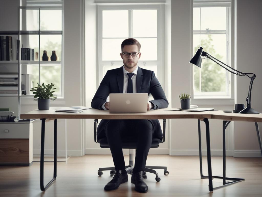 Create a realistic high-resolution photo for a blog titled "Tips för att få godkännande utan avslag." The image should feature a single subject: a confident young professional sitting at a modern desk, engaged in writing or typing on a laptop. This person, a woman with medium-length brown hair, should be dressed in smart business casual attire, exuding focus and determination. 

The background should be softly blurred to ensure the subject stands out, featuring a serene office environment with soft lighting