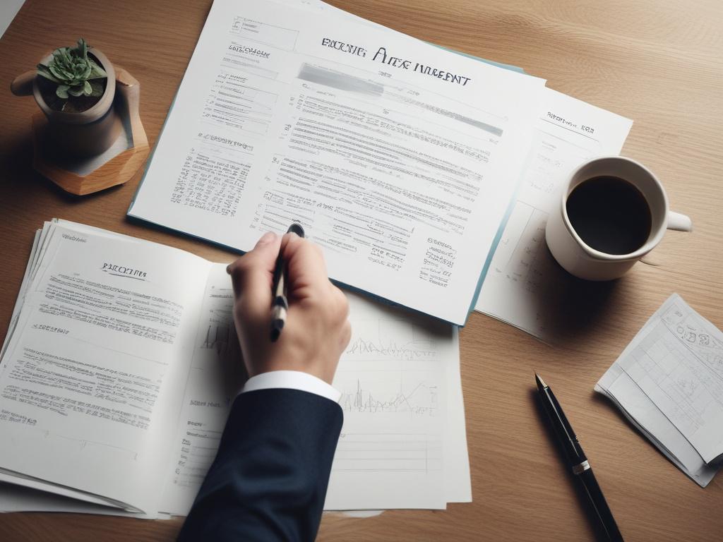 Create a realistic high-resolution photo that embodies the theme of smart investing, represented through a single subject. The composition should be simple and clear, focusing on a thoughtful individual deeply engaged in reviewing financial documents or analyzing investment data. The person, a middle-aged professional wearing smart-casual attire, should be seated at a sleek wooden desk with a laptop open in front of them, displaying graphical investment charts.

In the background, there should be a serene a