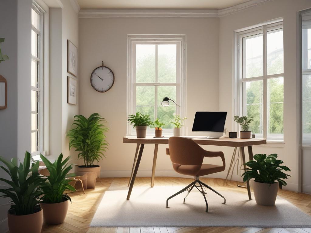 A serene and inviting workspace with a single desk and