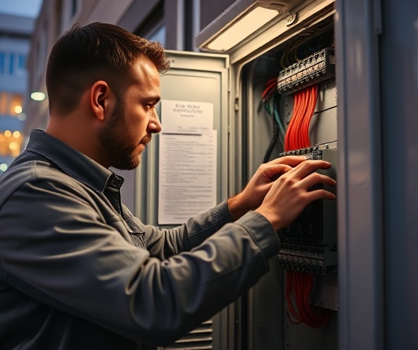 Professional electrician working on electrical panel