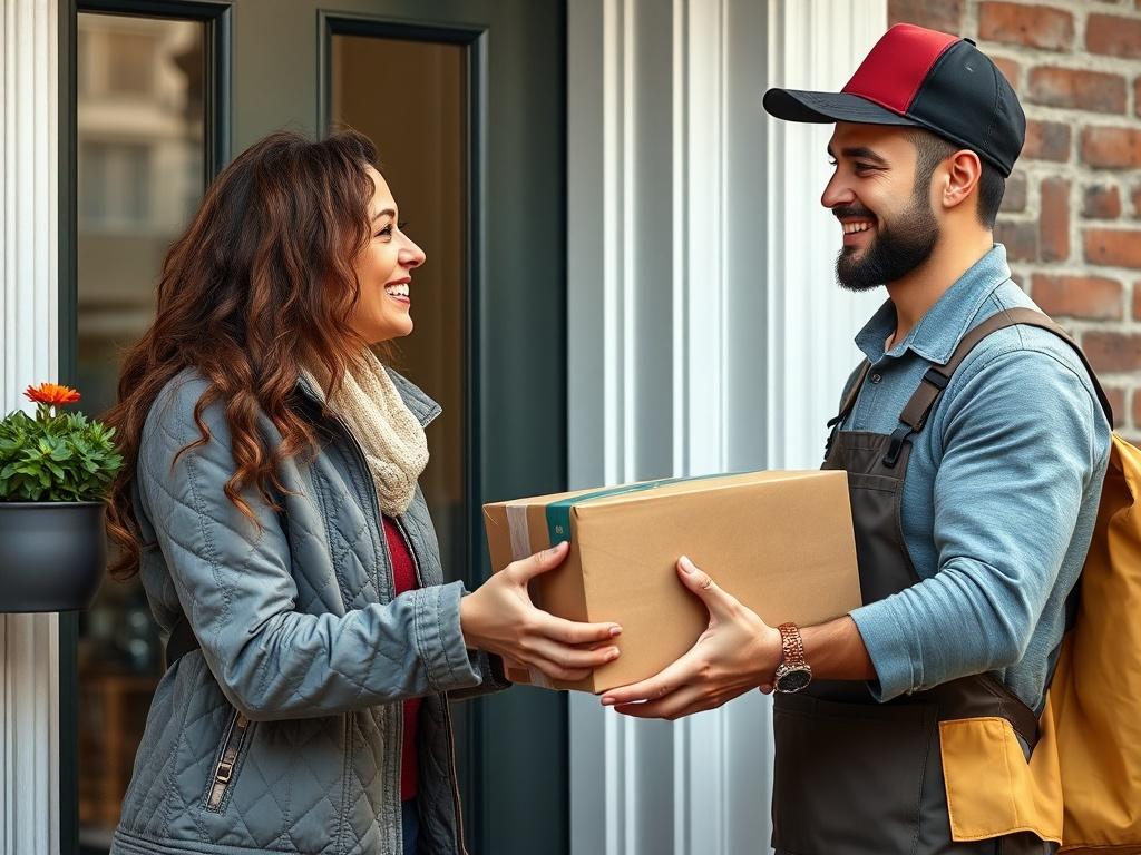 A dynamic shot of a delivery driver handing over a