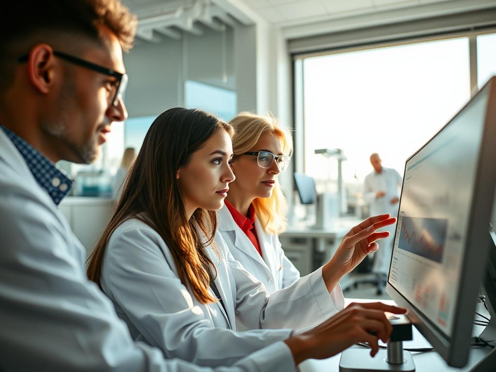 A close-up shot of a clinical research team in a modern laboratory setting, focused on analyzing data on a computer screen. The team consists of diverse professionals, including a female researcher in a lab coat, intently reviewing graphs and statistics. The background features high-tech lab equipment and a large window showing a bright, sunny day outside, creating an optimistic and professional atmosphere. The image should be hyper-realistic, capturing the details of the lab environment and the expressions