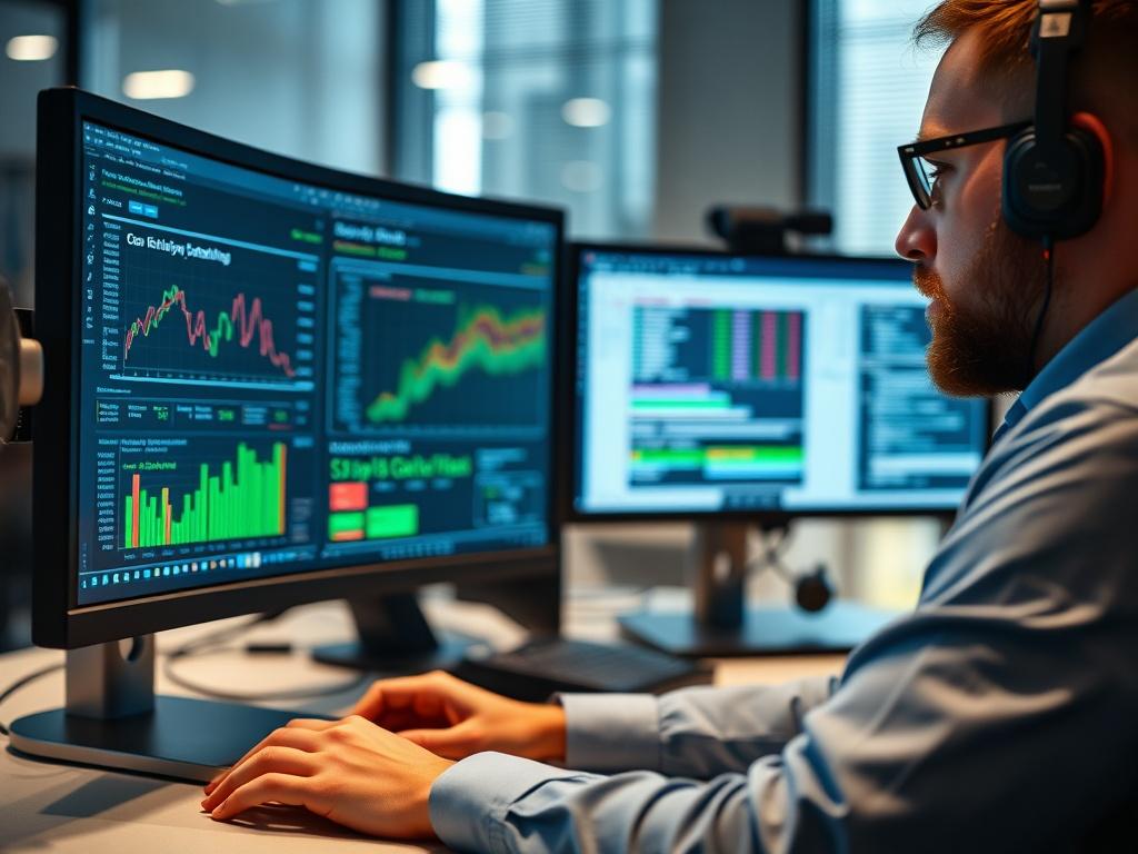 A close-up shot of an experienced Clinical SAS Programmer analyzing data on a dual-monitor setup in a professional office setting. The environment should reflect a blend of technology and clinical research elements. The image should be hyper-realistic, showcasing the programmer’s focus and expertise in handling complex data.
