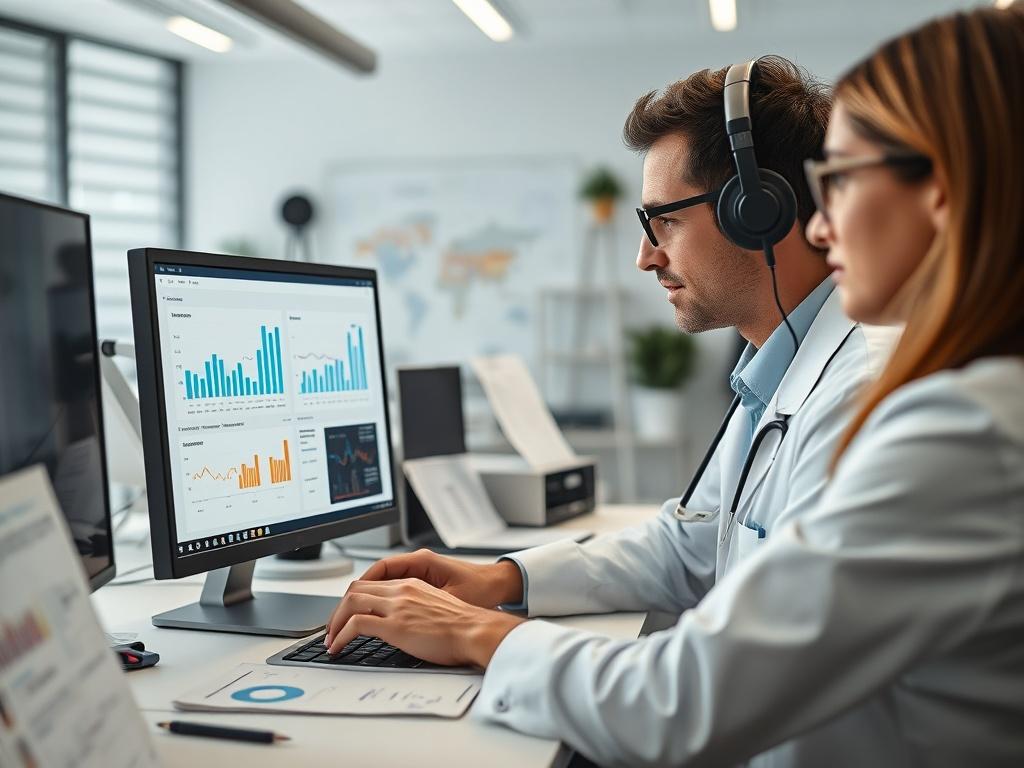 A close-up shot of a clinical research professional analyzing data on a computer screen, surrounded by charts and graphs. The setting should be a modern office with a clean, organized workspace, showcasing high-tech equipment and documents related to clinical trials. The lighting should be bright and inviting, emphasizing a professional atmosphere. The image should capture the essence of accuracy and efficiency in clinical data management.