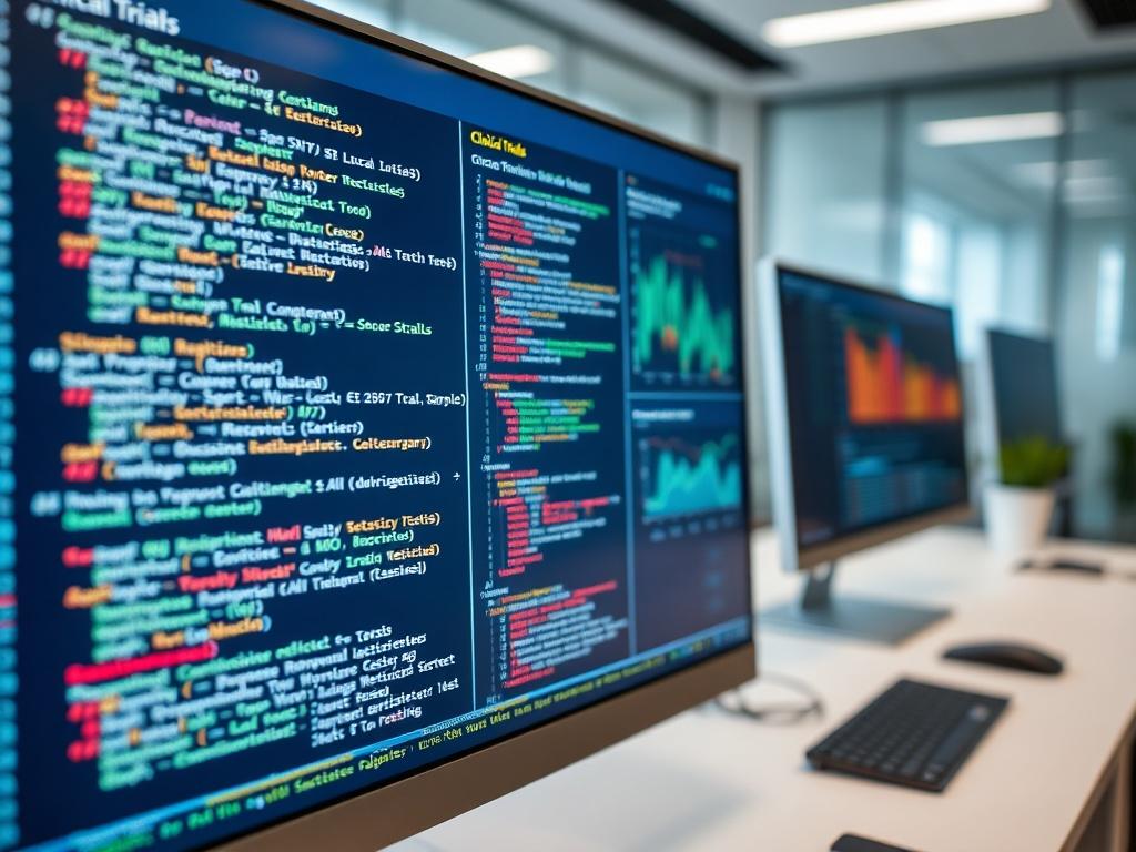 A close-up shot of a computer screen displaying complex statistical programming code and data visualizations related to clinical trials. The background is a clean, modern office environment, emphasizing a professional atmosphere. The focus is on the screen, showcasing the intricate details of the statistical programming process, with soft lighting that highlights the screen's colors.
