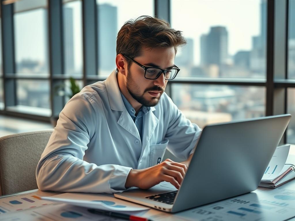 A close-up shot of a biostatistician working intensely on a laptop, surrounded by data charts and research papers. The setting is a modern office with a large window showing a cityscape in the background. The lighting is bright, highlighting the focused expression on the biostatistician's face. The subject is centered in the frame, capturing the essence of analytical work in clinical research.