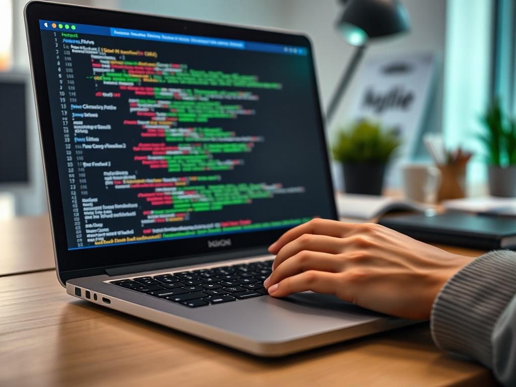 A close-up shot of a programmer's hands typing on a sleek laptop, immersed in coding on a screen displaying SAS, R, and Python code snippets. The background features a clean, modern workspace with soft lighting and a few clinical research-related items, creating a professional and focused atmosphere. The color green (rgb(50, 170, 39)) subtly highlights elements in the workspace, complementing the high-resolution image.