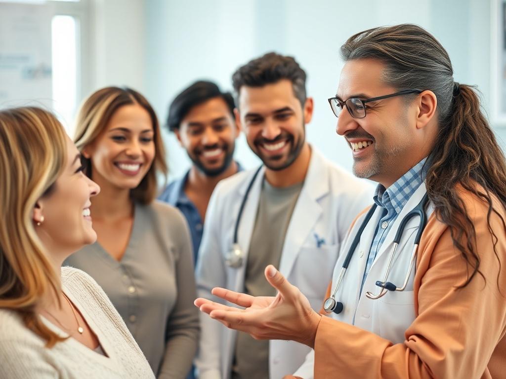 A close-up shot of a diverse group of individuals, smiling and engaging with a healthcare professional in a clinical setting. The background is softly blurred to emphasize the interaction. The healthcare professional is discussing clinical trial options with enthusiasm, while the participants show interest and curiosity. The image is captured in hyper-realistic detail, showcasing the warmth and professionalism of the recruitment process, with natural lighting that highlights the expressions of the people in