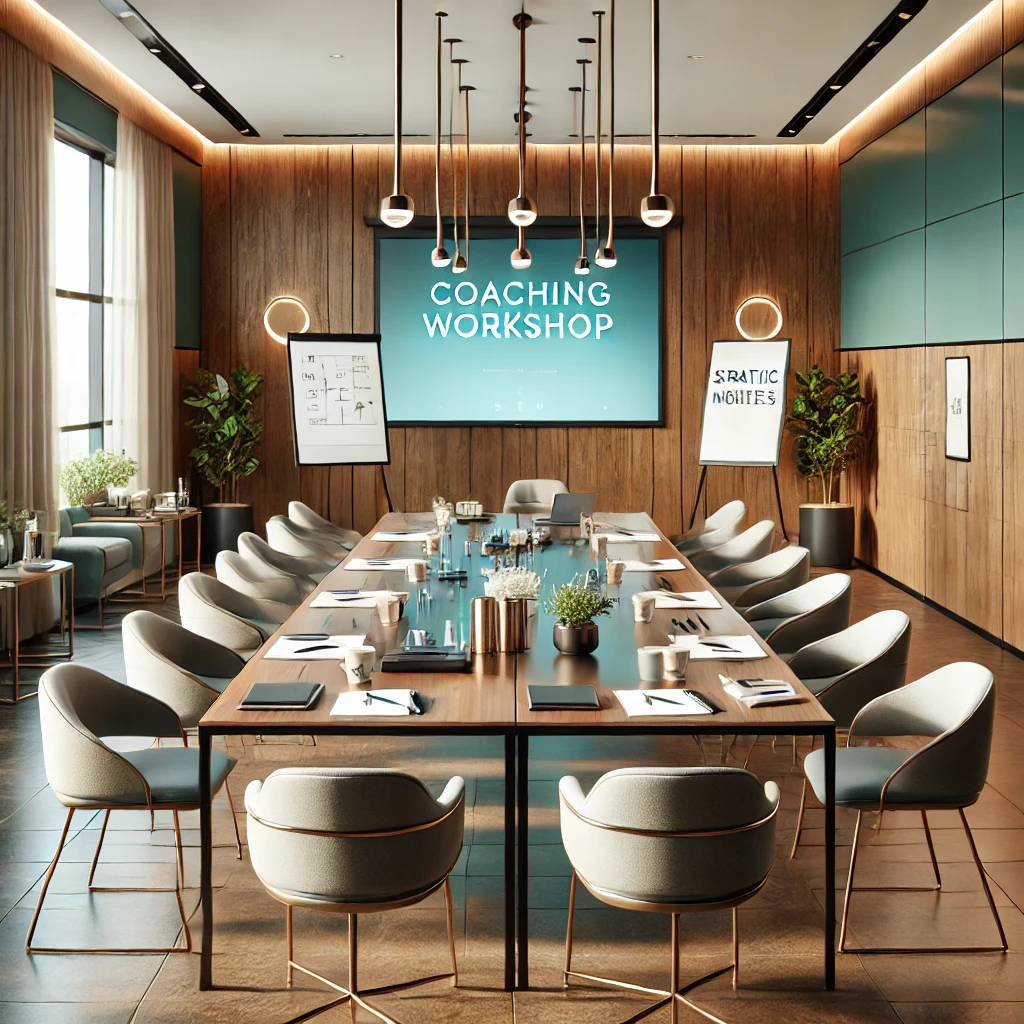 dall·e 2025-03-17 10.54.05 - a realistic, professional, and minimalistic conference room set up for a coaching workshop. the room features a modern design with soft teal and brown.webp