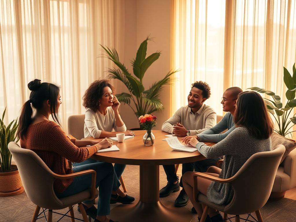 A serene, high-resolution photo of a diverse group of individuals in a cozy meeting space, engaging in a dynamic mentorship session. The setting is warm with golden hues and soft lighting, featuring a round table where a mentor is actively coaching a mentee. The background includes plants and soft furnishings that evoke a sense of comfort and empowerment.