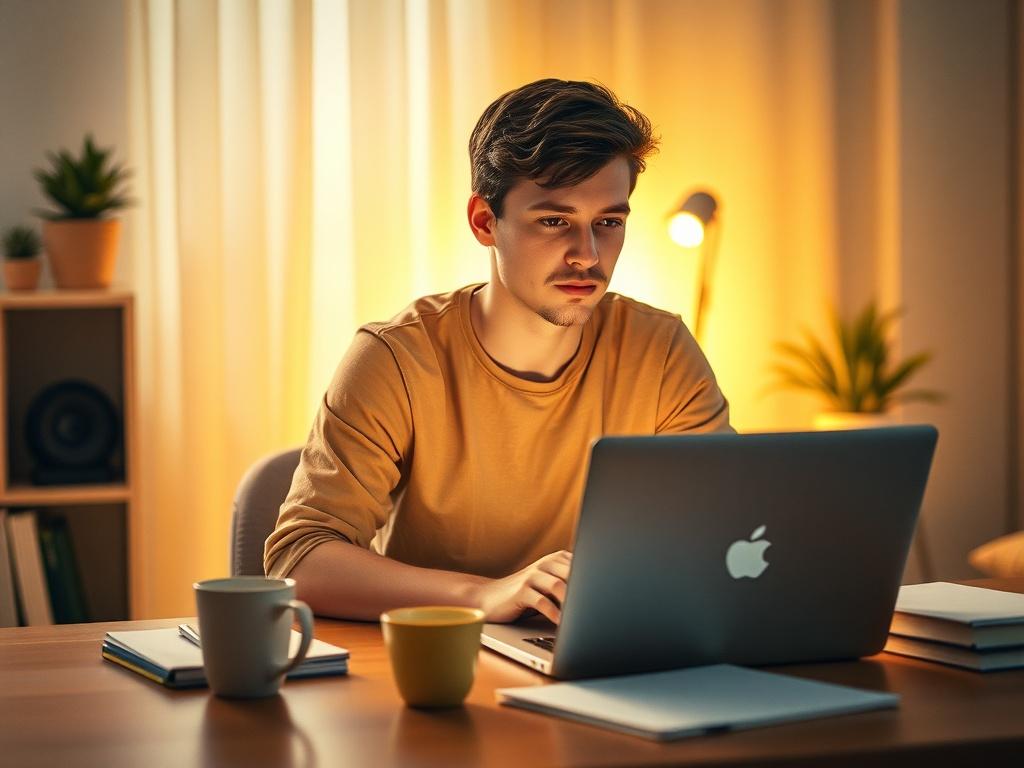 A young entrepreneur sitting at a desk with a laptop, surrounded by notepads and a coffee cup, appearing focused and determined. The background features a soft, warm light illuminating the room, creating a cozy atmosphere. The color palette includes warm oranges, yellows, and greens, reflecting a sense of hope and empowerment.