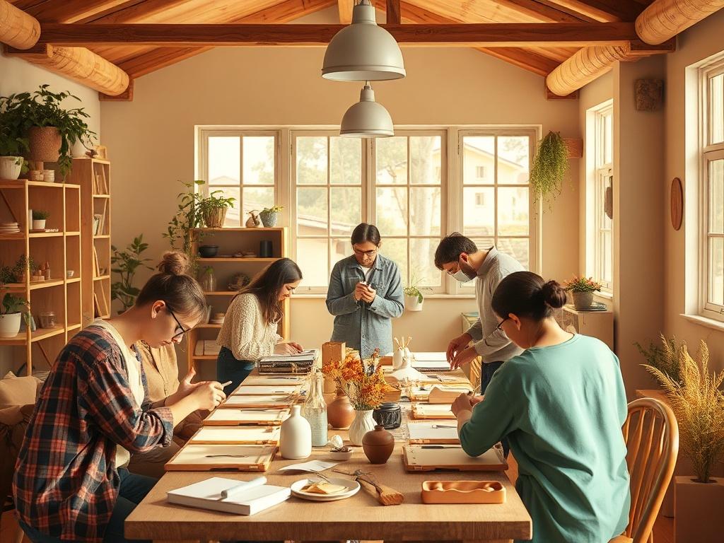 A vibrant workshop setting with participants actively engaged in learning, using materials and tools in a bright, welcoming room.