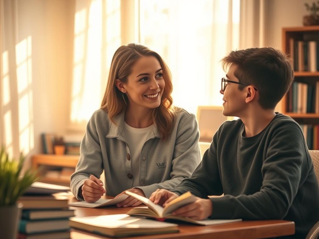 A mentor and a young individual engaged in a one-on-one conversation in a sunlit, inviting environment, surrounded by educational materials.