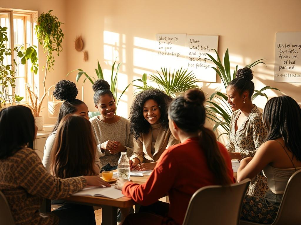 A warm, inviting scene featuring a diverse group of women and youth engaged in a collaborative workshop. The setting is bright and cheerful, filled with natural light, showcasing elements of creativity and learning. In the background, soft golden hues create a serene atmosphere, with plants and inspirational quotes adorning the walls. The group is actively participating, sharing ideas, and encouraging one another, embodying the spirit of empowerment and community.