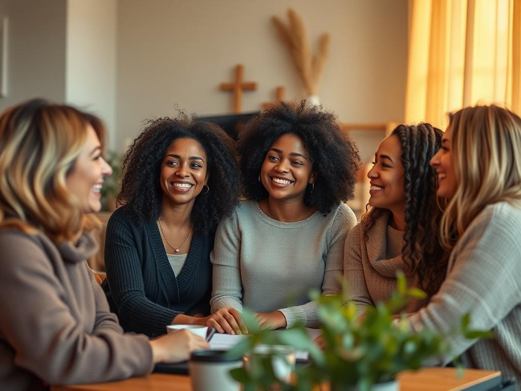 A group of diverse women engaging in a workshop, smiling and collaborating in a cozy, warm setting with soft golden lighting.