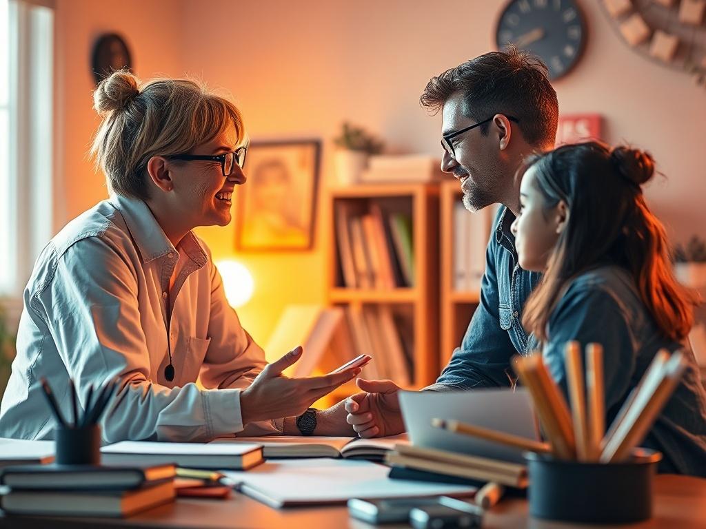 A vibrant and dynamic image showing a mentor and a young person engaged in a discussion, surrounded by educational materials and tools. The setting is filled with soft, golden hues, creating a warm and inspiring ambiance that highlights the importance of mentorship.