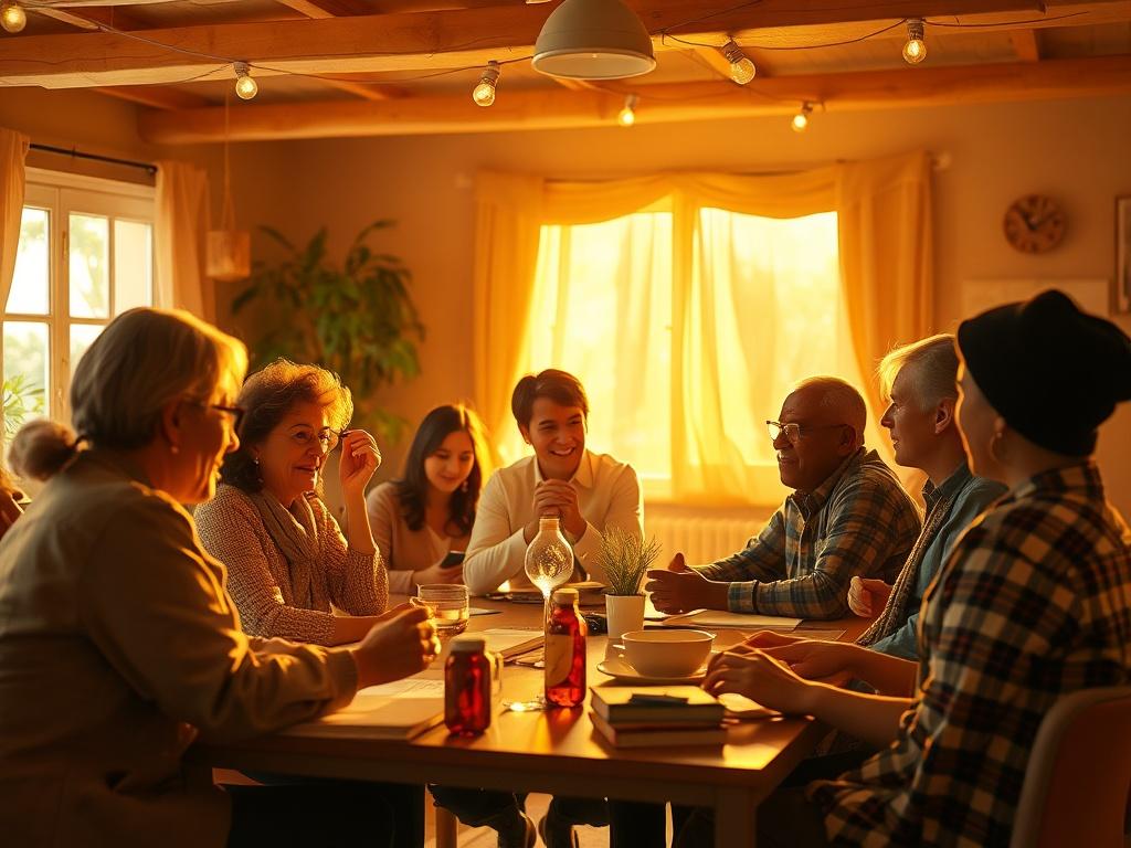 A heartwarming scene depicting a community workshop in session, with diverse participants engaged in learning activities. The atmosphere is filled with enthusiasm and positivity, illuminated by soft golden lighting that enhances the sense of community and growth.