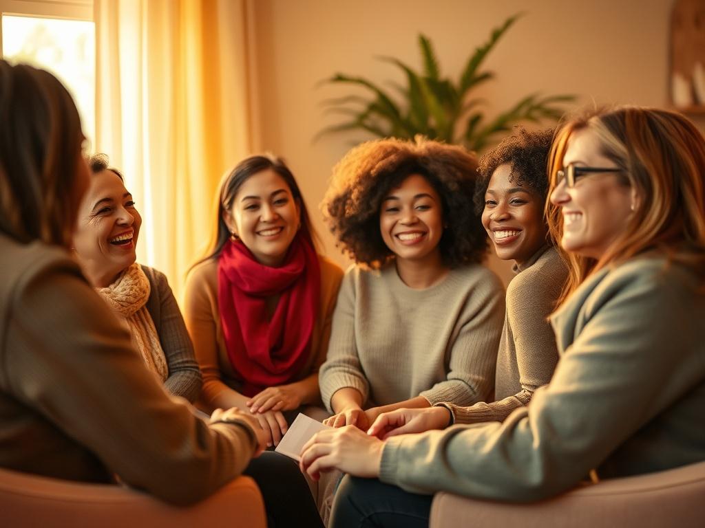 A warm and inviting scene featuring a diverse group of women engaged in a mentorship session, showcasing smiles and empowerment. Soft golden lighting enhances the atmosphere, emphasizing warmth and hope, with a serene background that reflects a community space.