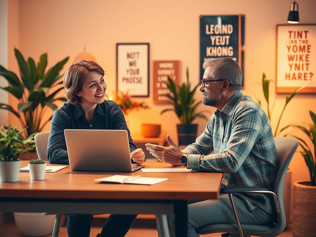 A warm and inviting office space with a single mentor seated at a desk, engaging in a supportive conversation with an intern. The background is softly lit with golden hues, featuring plants and motivational posters. The mentor is providing guidance, with a laptop open, showcasing a collaborative atmosphere. The overall feel is one of empowerment and encouragement, emphasizing the importance of mentorship in a cozy, serene setting.