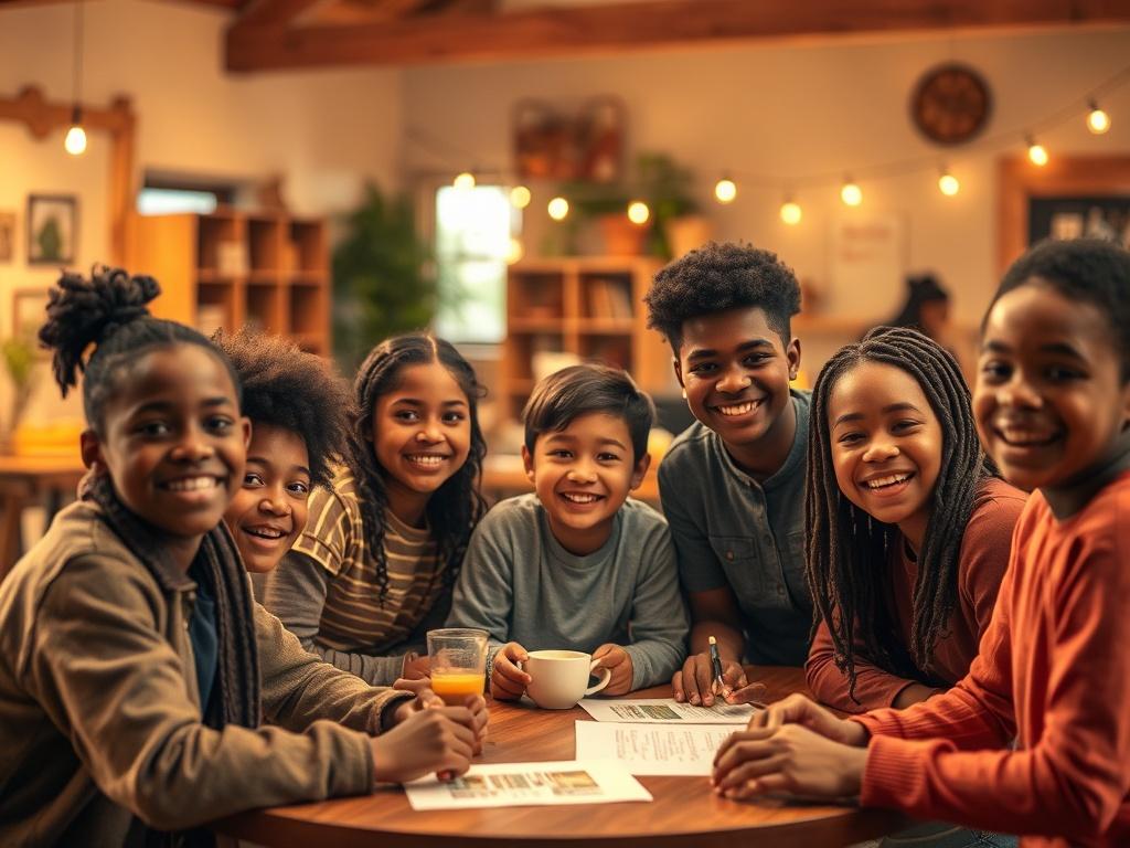 A warm and inviting scene showing a diverse group of youth engaged in interactive learning activities, with a backdrop of a community center. The setting should be illuminated with soft, golden lighting, creating a cozy atmosphere. The youth should display expressions of joy and enthusiasm, representing empowerment and collaboration. The composition should feel inclusive and inspiring, with soft earthy tones and natural elements in the background.