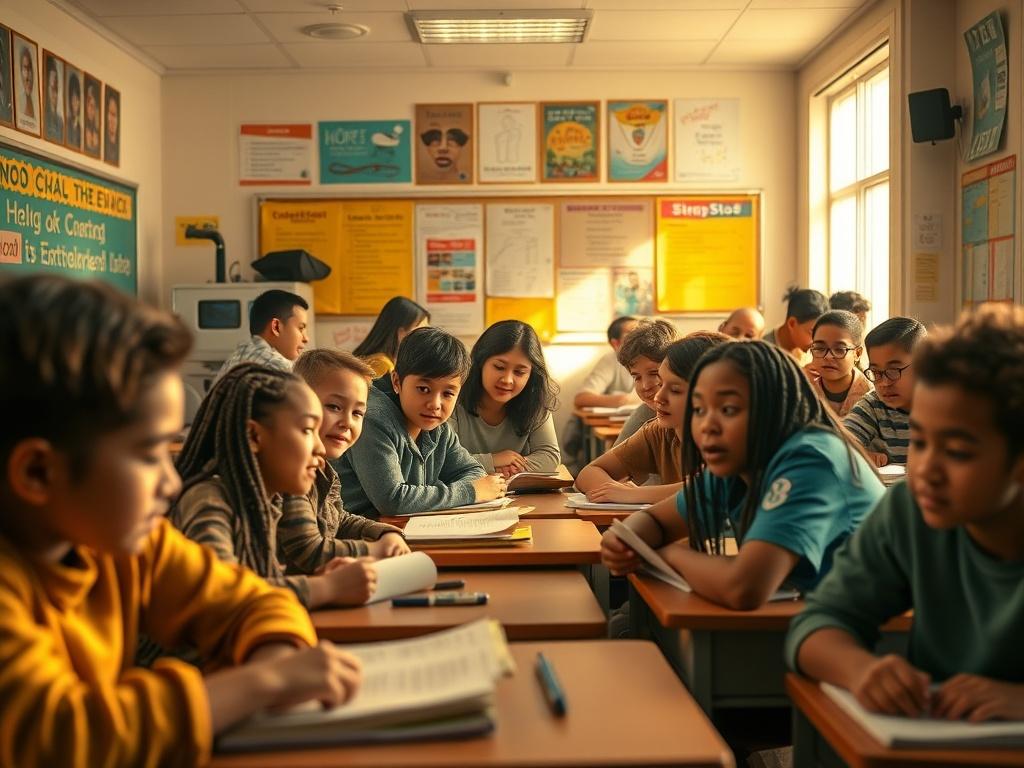 A serene classroom filled with engaged youth studying together, warm golden lighting accentuating their focused expressions. The room is decorated with educational posters and bright colors, symbolizing hope and empowerment. The scene conveys a sense of community and collaboration, showcasing diverse students. The overall atmosphere is inviting and uplifting, capturing the essence of education as a pathway to success.