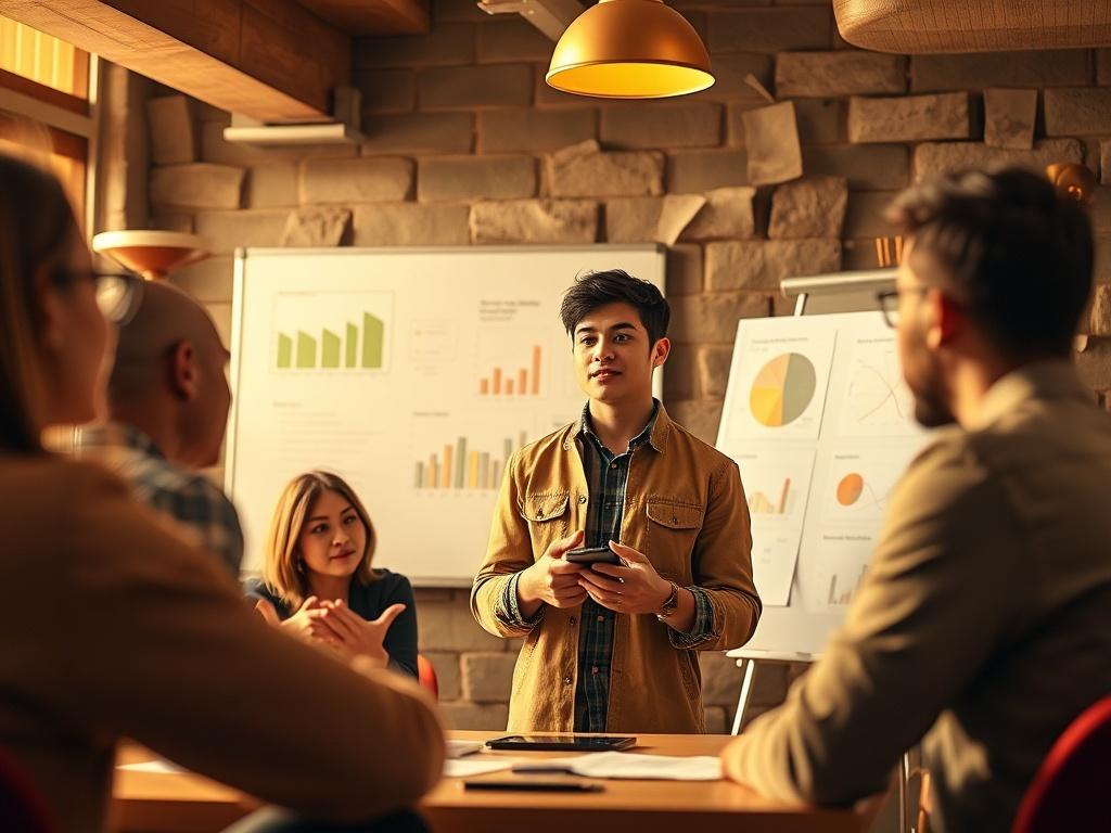 A young entrepreneur presenting a business idea in a vibrant setting, surrounded by supportive mentors and peers. The atmosphere is energetic and encouraging, with visuals of charts and business plans on a whiteboard. Soft golden lighting enhances the collaborative spirit, showcasing the power of entrepreneurship in a community setting. The scene embodies empowerment and hope for the future.