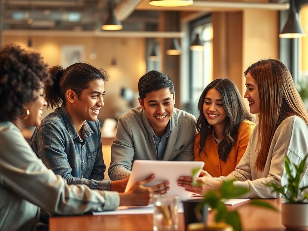 A group of young professionals in a workplace environment, engaged in a collaborative project. The scene reflects diversity and teamwork, with bright, inviting colors and soft lighting creating a positive ambiance. The focus is on their interactions, showcasing leadership, growth, and the excitement of professional development. This image embodies the connection between youth and workplace opportunities.