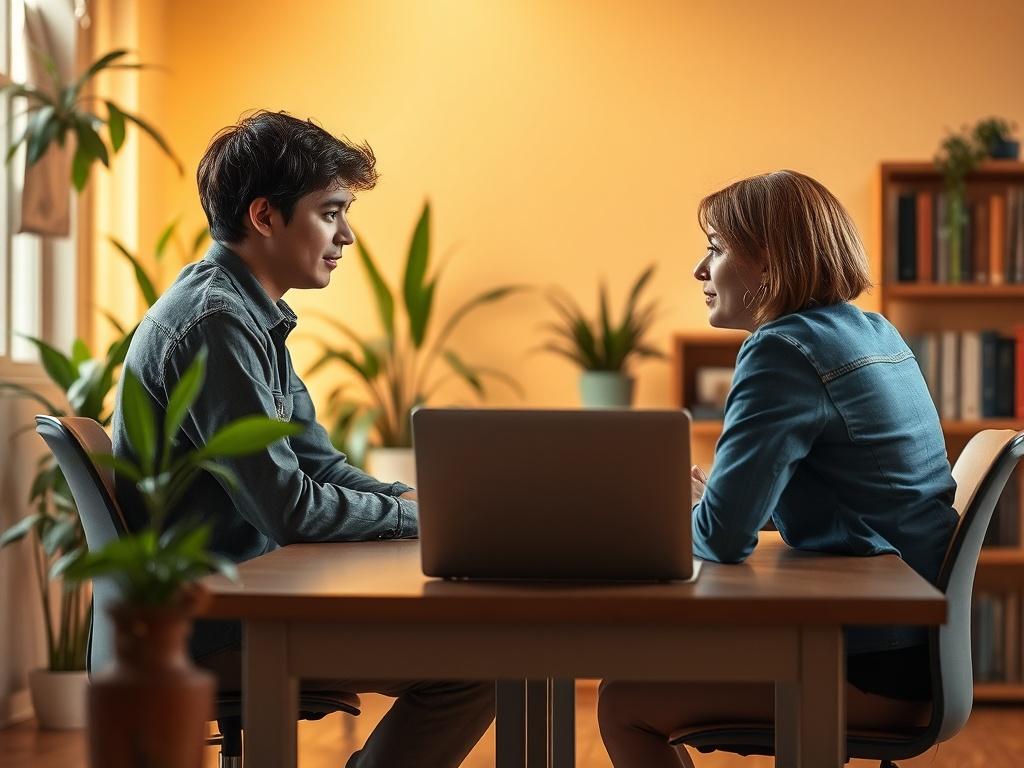 A warm, inviting office space with a single person sitting at a desk, engaged in a conversation with a mentor. The background features a soft, golden hue, with plants and bookshelves creating a cozy atmosphere. The subject is a young adult, appearing motivated and optimistic, with a laptop open in front of them, symbolizing career development and guidance.