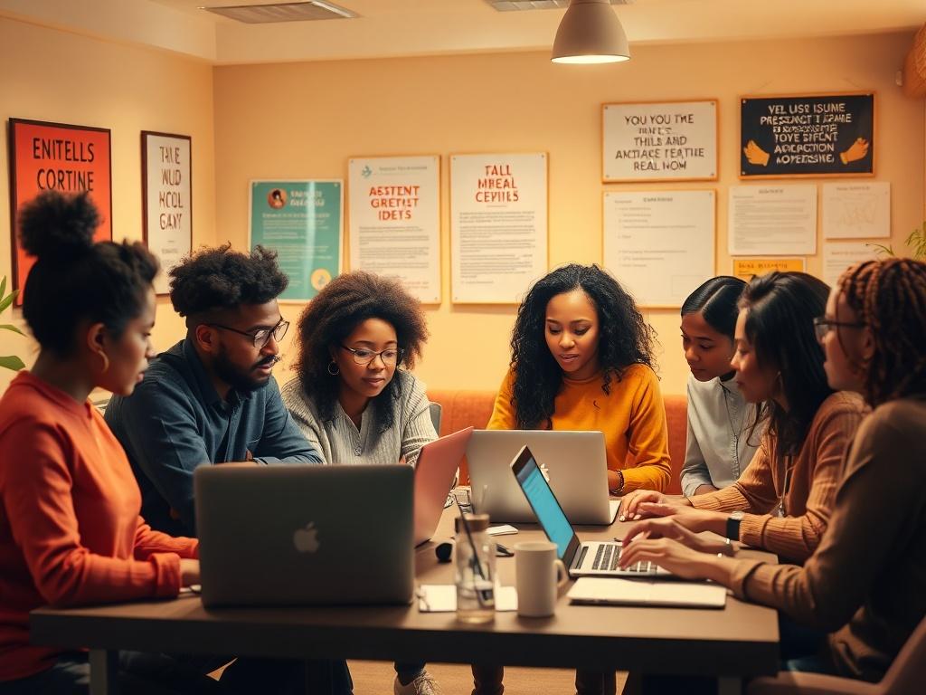 A high-resolution photo of a diverse group of individuals engaged in a skills development workshop. The setting is bright and inviting, with warm golden hues and soft lighting. Participants are actively collaborating, sharing ideas, and working on laptops, showcasing teamwork and communication. The background features motivational posters and a comfortable learning environment, emphasizing professionalism and digital literacy.