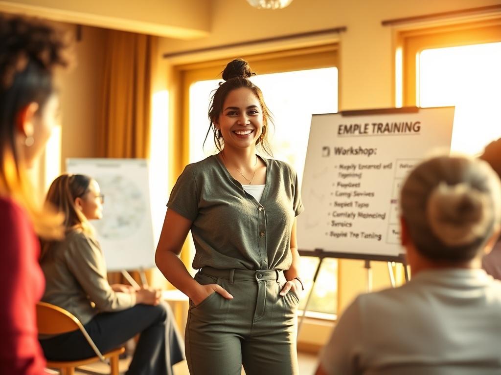 A confident woman standing in a sunlit room, engaging in a skills training workshop. She is smiling, surrounded by supportive peers, with a flip chart in the background displaying empowerment-related topics. The room is filled with warm golden hues and soft lighting, creating a serene atmosphere. The focus is on the woman, showcasing her determination and leadership qualities.