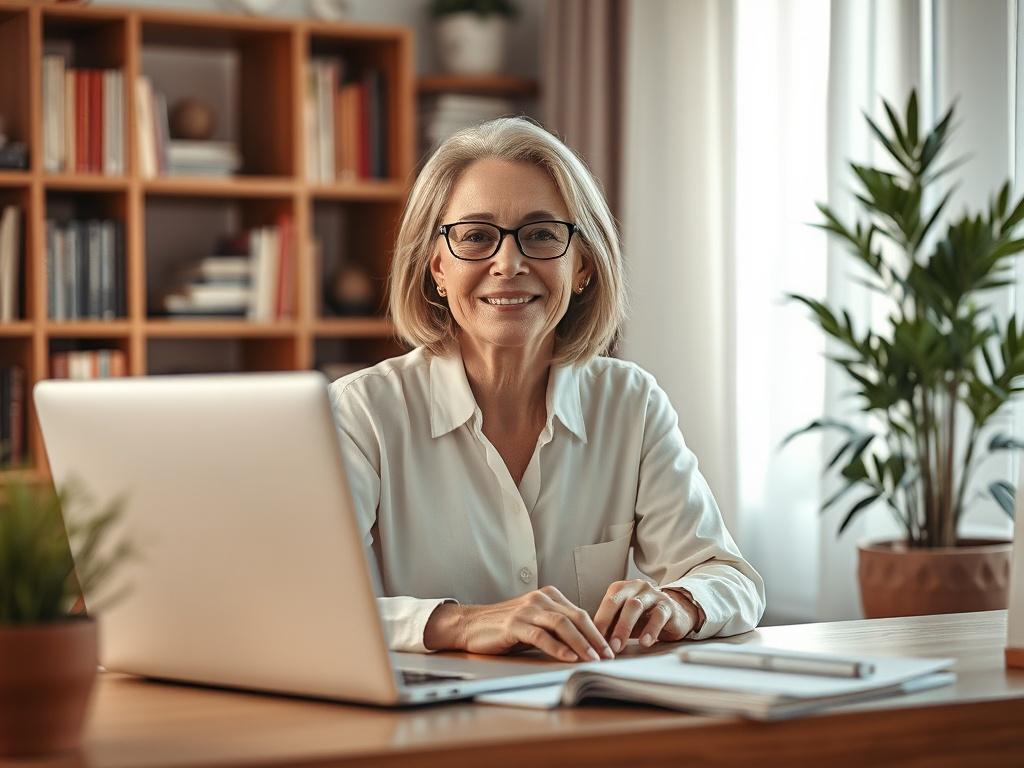 Create a realistic high-resolution photo that visually encapsulates the theme of teletherapy for overcoming porn addiction. The composition should focus on a single subject: a compassionate therapist, who is a middle-aged woman with a friendly demeanor, engaged in a virtual consultation. 

The therapist should be sitting comfortably at a well-organized desk in a warmly lit room, surrounded by soft, neutral tones to create a calming atmosphere. A laptop should be open in front of her, displaying a blurred sc