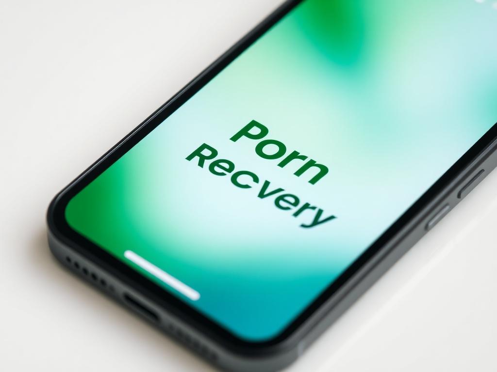 A close-up of a smartphone displaying the Porn Recovery App interface, featuring a calming background of soft green hues to evoke a sense of healing and support.