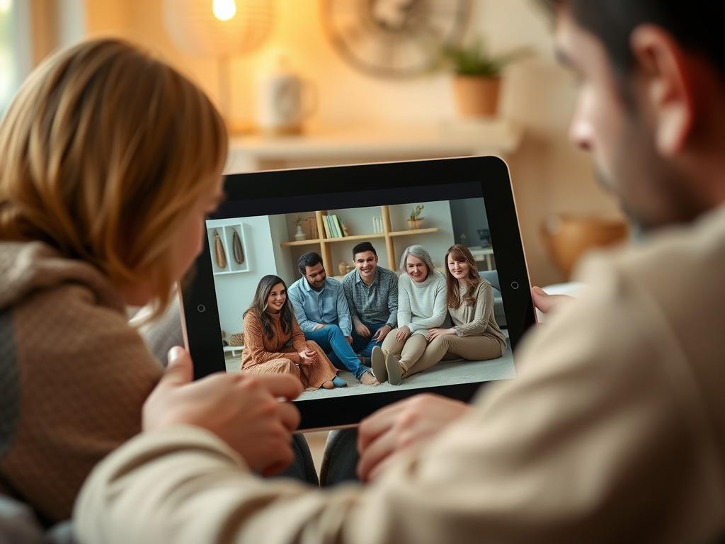 A close-up of a group therapy session on a tablet screen, surrounded by a warm and inviting home environment, highlighting connection and community.