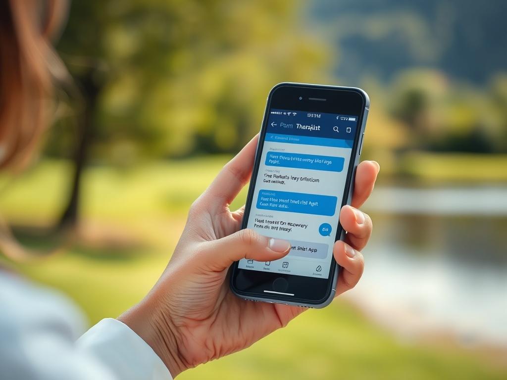 A close-up shot of a therapist's hand holding a smartphone, displaying a chat feature of the Porn Recovery App, with a serene outdoor background suggesting tranquility.