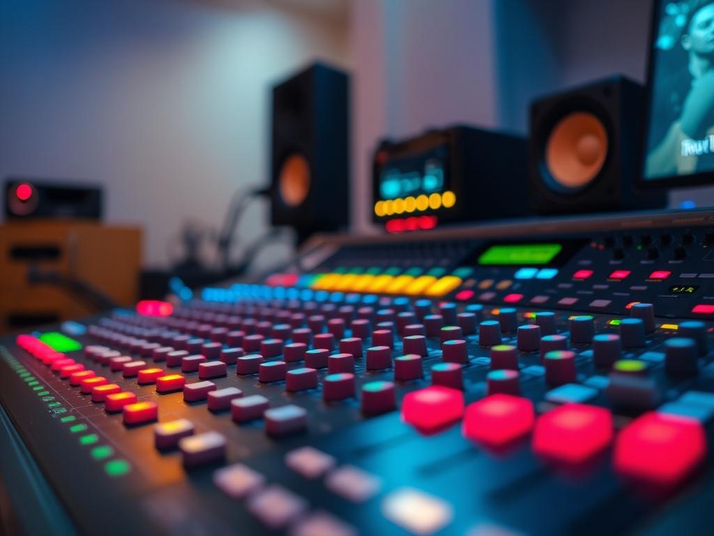 A close-up shot of a professional audio mixing console with vibrant LED lights and a focused view of the mixing board, showcasing various colorful knobs and sliders in action. The background is softly blurred to emphasize the console, with warm lighting creating an inviting atmosphere. The color palette should resonate with rgb(122, 86, 4) to reflect the brand's identity.
