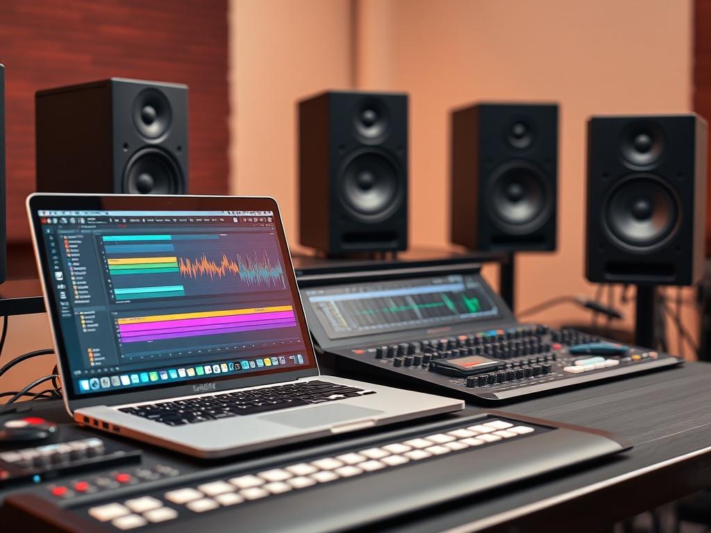 A close up shot of a professional music production setup,