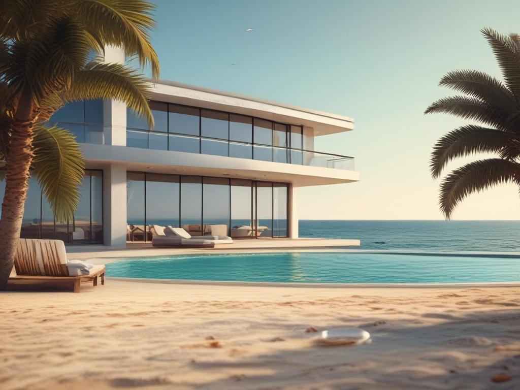 luxury beach property, hyper realistic close up, ocean views, stunning