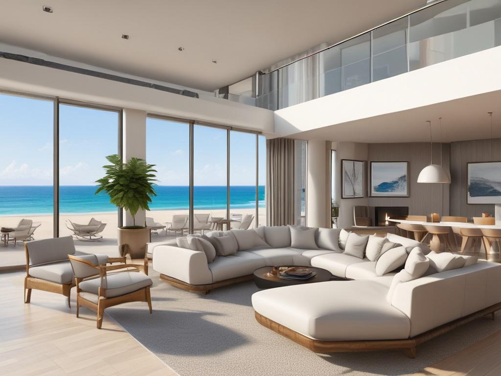 an upscale beachfront penthouse apartment with high ceilings, expansive living