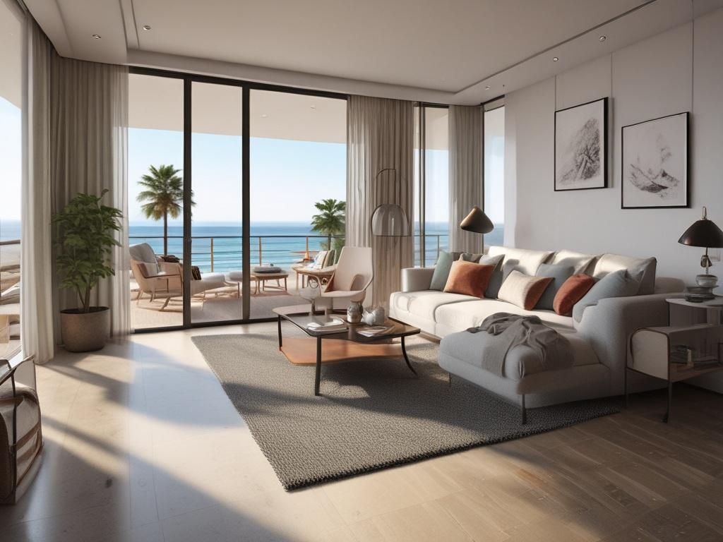 a stylish seaside luxury condo with open concept layout, spacious