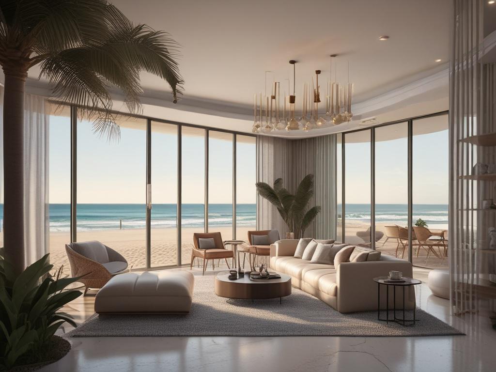 **AI Image Generation Prompt:**

Create a realistic, high-resolution photo that captures the essence of luxury beachfront living, titled "The Allure of Luxury Beachfront Living." The image should prominently feature a stunning, modern beachfront villa nestled elegantly along a pristine sandy shore. The villa should be designed with large glass windows that reflect the vivid blue of the ocean, allowing natural light to illuminate the interior. 

Focus on the villa as the main subject, with a close-up shot th