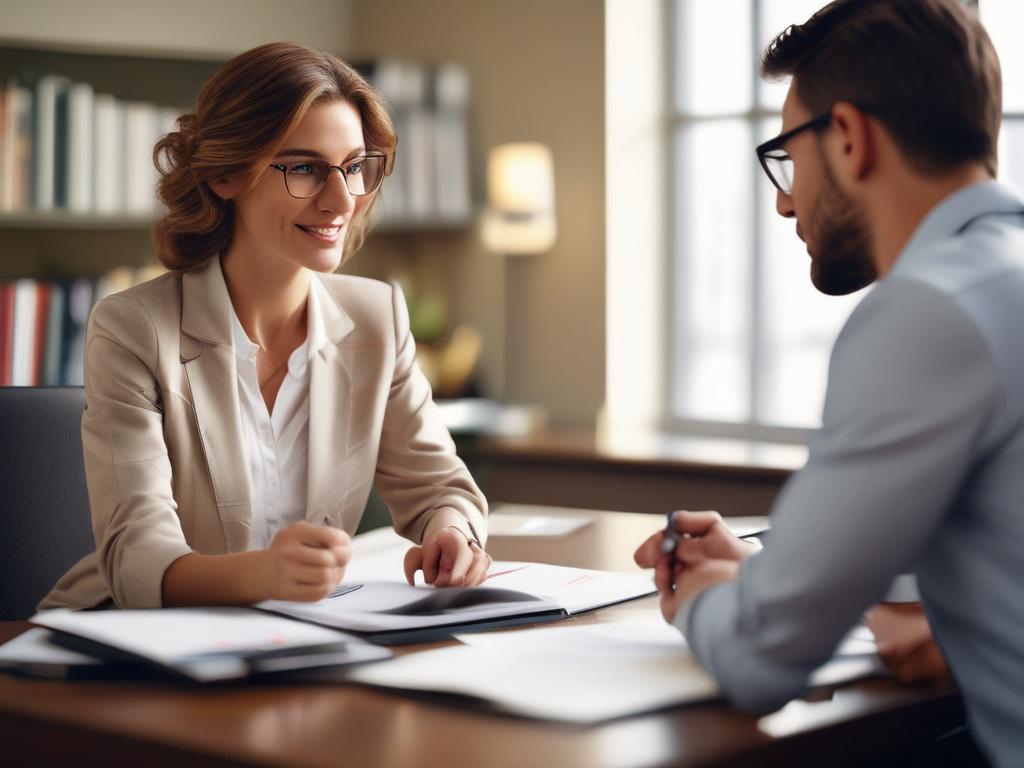 Close-up shot of a financial consultant discussing buyout options with a client, warm lighting, simple and clear composition.