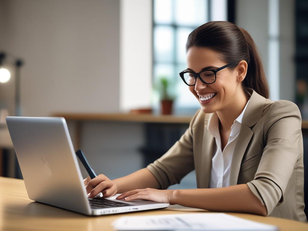 Close-up shot of a business owner smiling while reviewing a remittance plan on a laptop, bright and inviting atmosphere, simple and clear composition.
